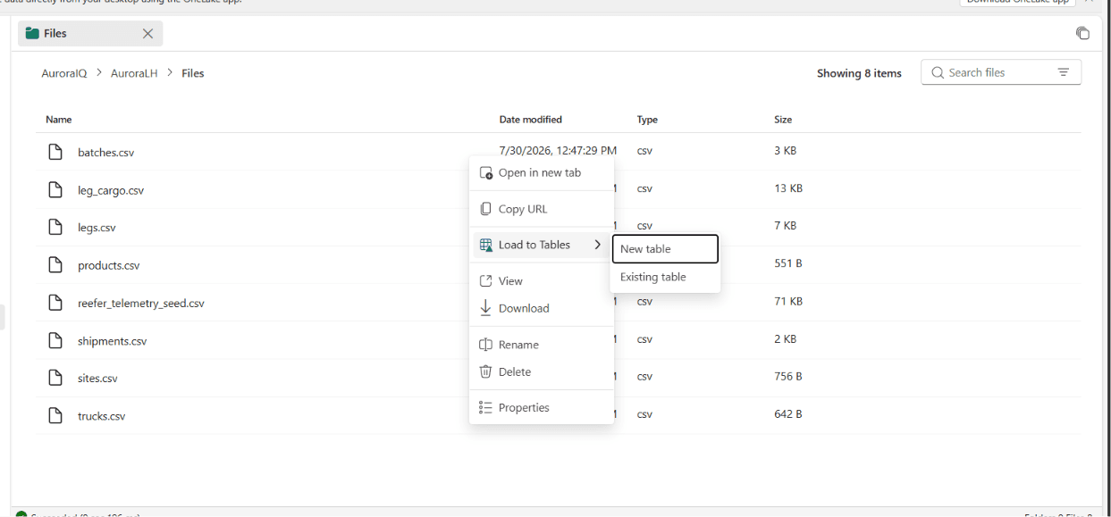 The Files list in AuroraLH with a right-click menu open on a CSV, showing the Load to Tables option expanded to New table and Existing table