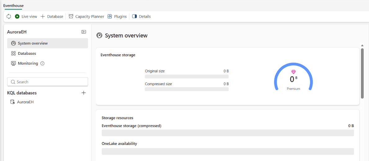 The AuroraEH Eventhouse system overview, showing zero bytes of storage and a KQL database named AuroraEH in the left navigation