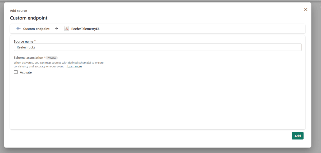 The Add source dialog for a custom endpoint, with the source named ReeferTrucks and the Schema association Activate checkbox left unchecked