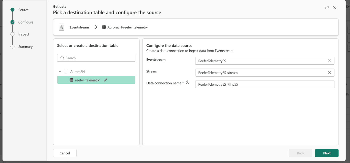 The Get data wizard on the Configure step, with reefer_telemetry selected under AuroraEH and the Eventstream, Stream and Data connection name fields filled in