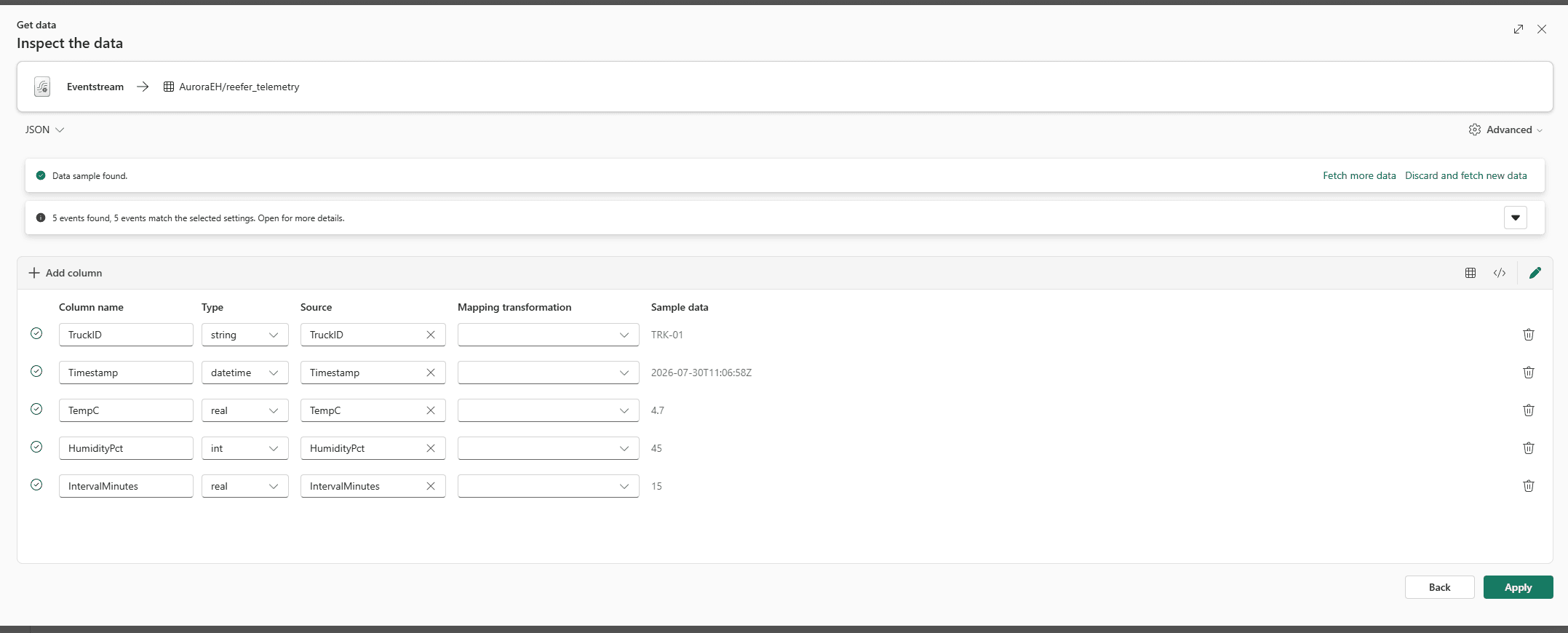 The Inspect step column editor listing five columns with their types: TruckID string, Timestamp datetime, TempC real, HumidityPct int and IntervalMinutes real