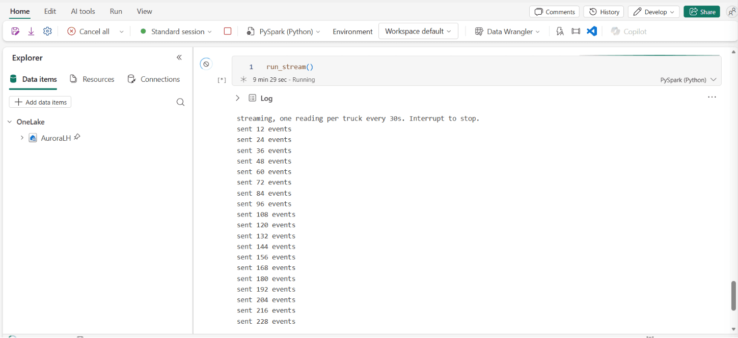 A notebook cell running run_stream, marked with an asterisk and 9 min 29 sec Running, printing sent 12 events through sent 228 events