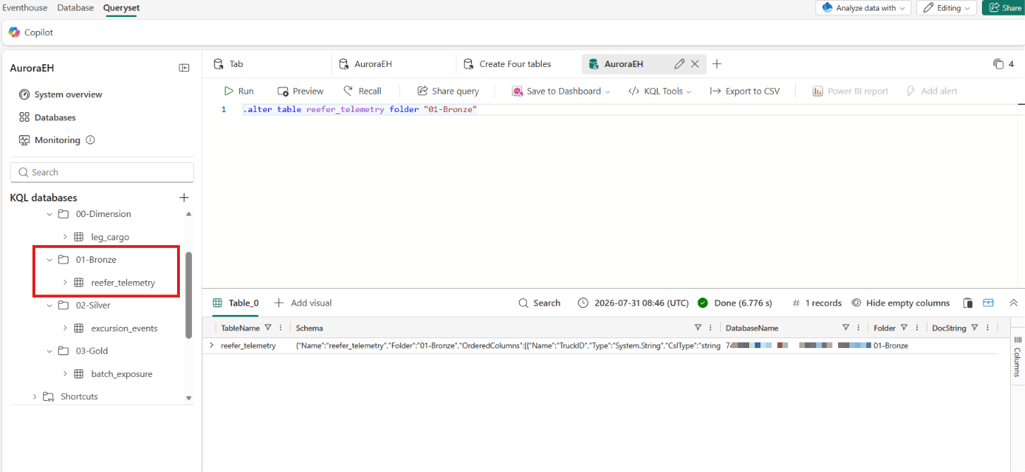 The alter table folder command run in the queryset, with the left tree now showing reefer_telemetry inside a 01-Bronze folder alongside the other three folders
