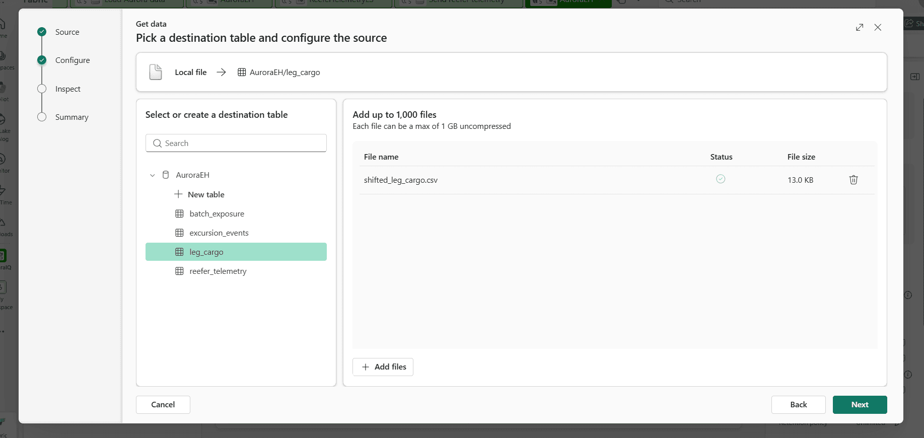 The Get data wizard on the Configure step, with the existing leg_cargo table selected under AuroraEH among the four tables from 3.1, and shifted_leg_cargo.csv attached with a green check, 13.0 KB, Next lit