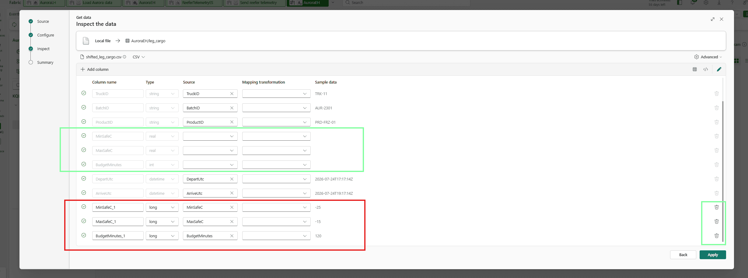 The wizard's column editor showing the trap step 6 undoes: the real MinSafeC, MaxSafeC and BudgetMinutes rows with empty Source dropdowns, and three invented rows MinSafeC_1, MaxSafeC_1 and BudgetMinutes_1 typed long holding the CSV sources, with trash icons at the right