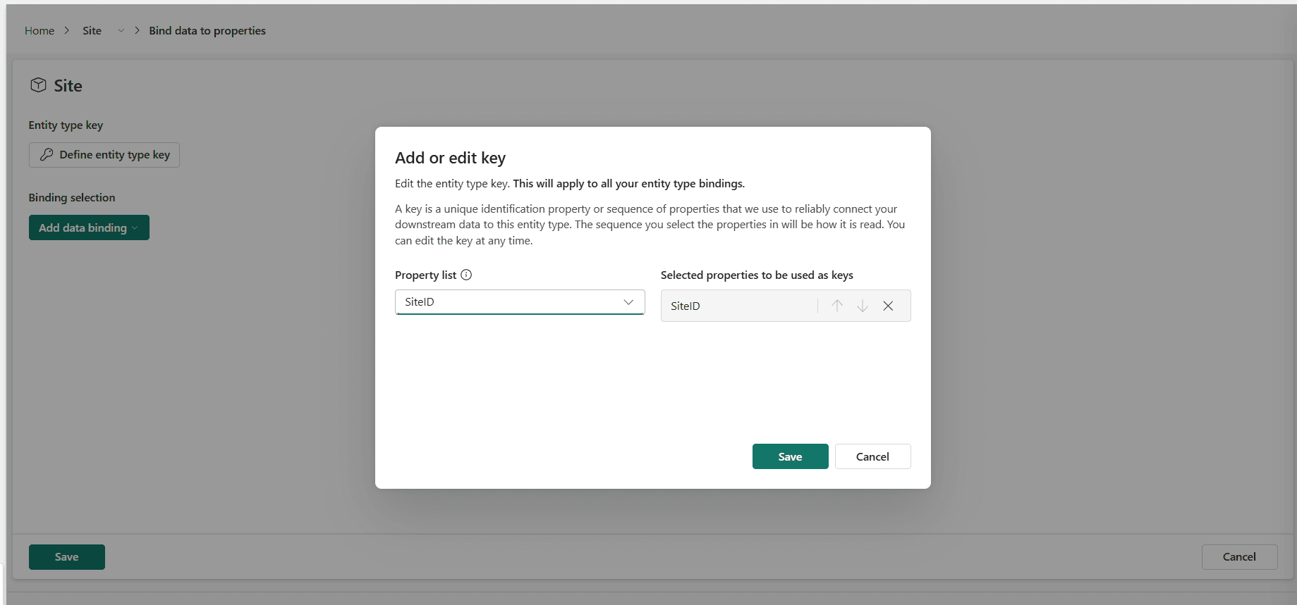 The Bind data to properties page for Site, with the Add or edit key dialog open, SiteID chosen in the Property list dropdown and listed under Selected properties to be used as keys
