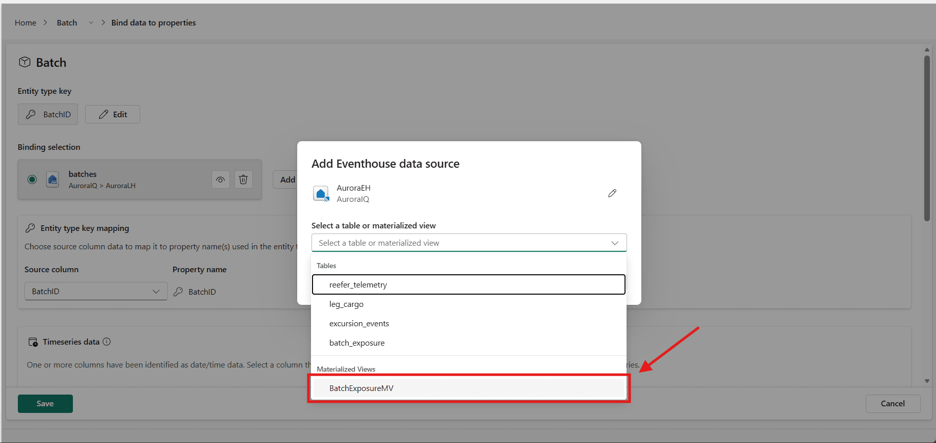 The Add Eventhouse data source dialog for Batch, with the source dropdown open showing four Eventhouse tables under a Tables heading and BatchExposureMV under a Materialized Views heading