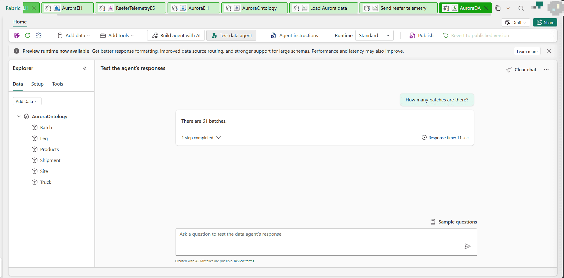 The AuroraDA data agent editor answering that there are 61 batches, with the Explorer listing the AuroraOntology and its six entity types