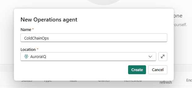 The New Operations agent dialog with the name ColdChainOps and the location set to the AuroraIQ workspace