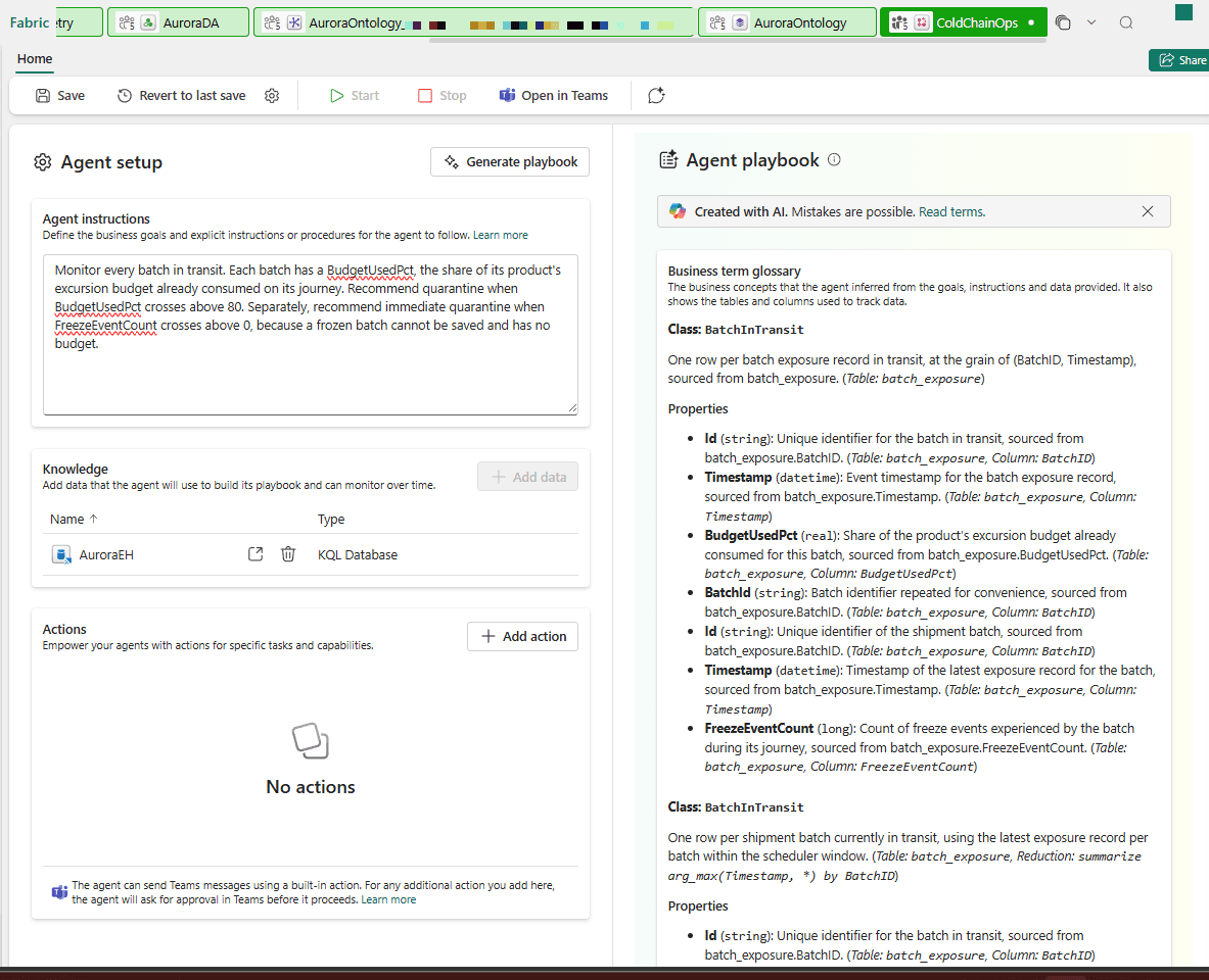 The ColdChainOps editor with AuroraEH added as a KQL Database under Knowledge, and a generated playbook showing a business term glossary with the inferred BatchInTransit class