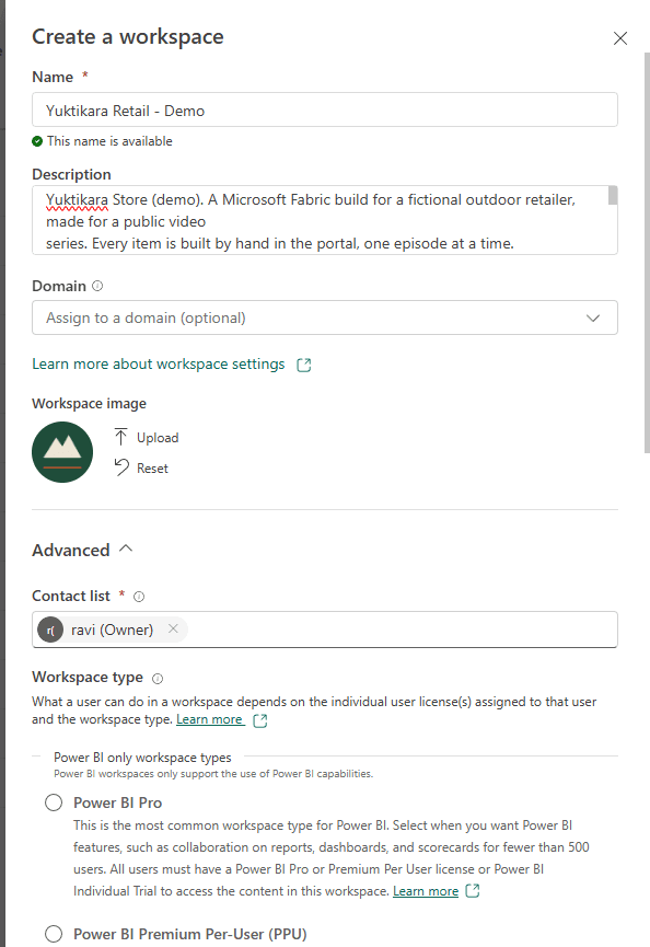 The Create a workspace panel with the name Yuktikara Retail - Demo, the description, the mountain workspace image and the contact list filled in