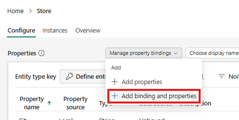 The Manage property bindings menu with Add binding and properties highlighted