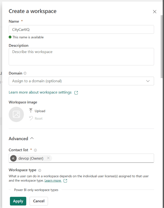 The Create a workspace dialog with the name CityCartIQ entered