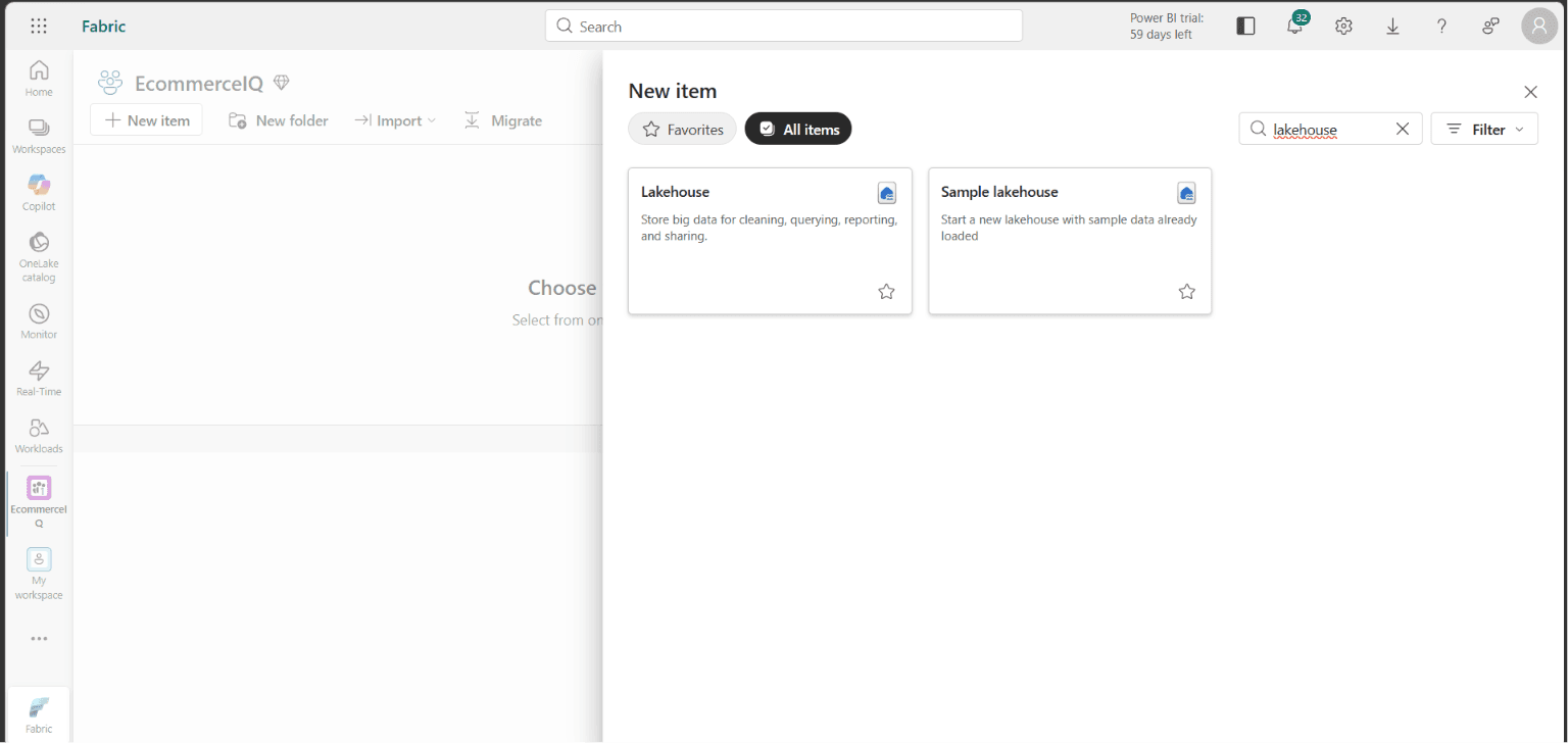 The New item panel filtered to lakehouse, showing Lakehouse and Sample lakehouse cards
