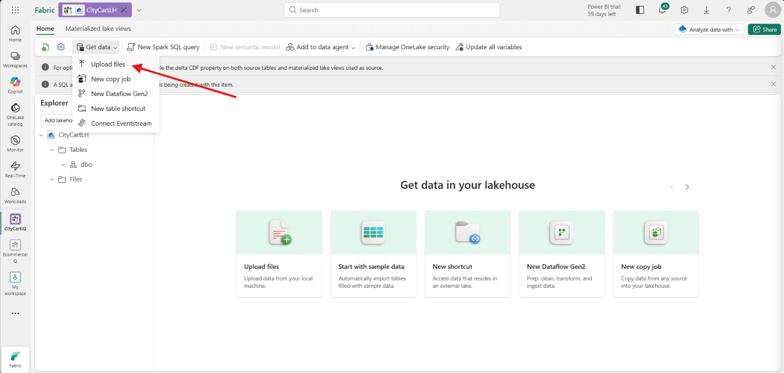All eight CSV files listed under Files in the lakehouse explorer