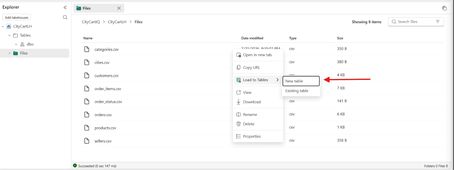 The Load file to new table dialog showing Schema, New table name, Column header and Separator fields