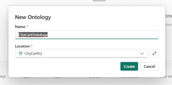 The New ontology dialog with the name CityCartOntology entered