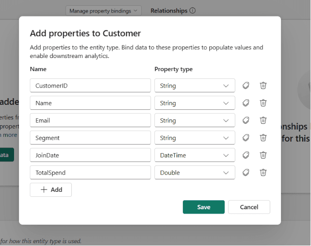 The Add properties to Customer modal with six properties and their property types set