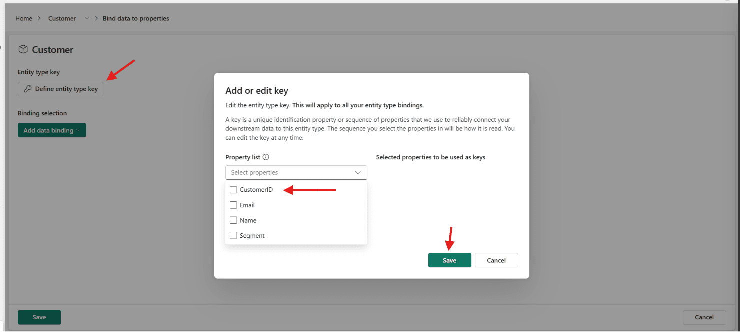 The Add or edit key dialog with the property list open showing CustomerID, Email, Name and Segment