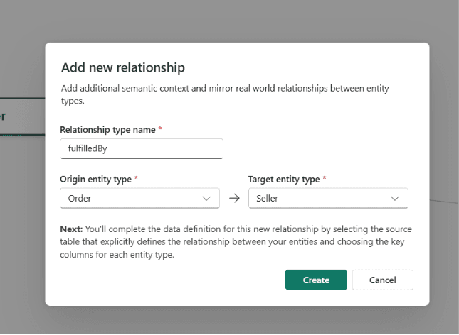 The Add new relationship dialog with fulfilledBy, Order as origin and Seller as target