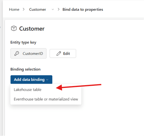 The Bind data to properties page showing the CustomerID key and the Add data binding menu open