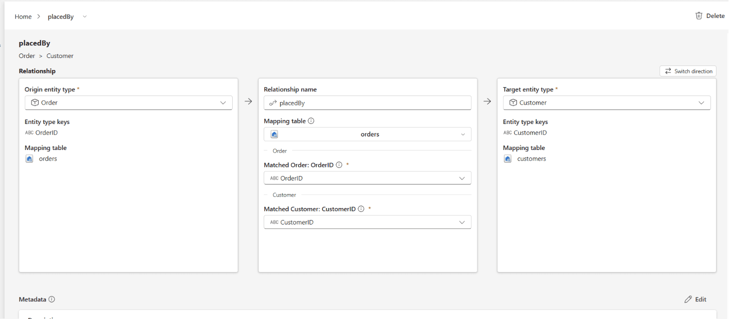 The placedBy relationship page with orders as the mapping table and both matched key columns resolved