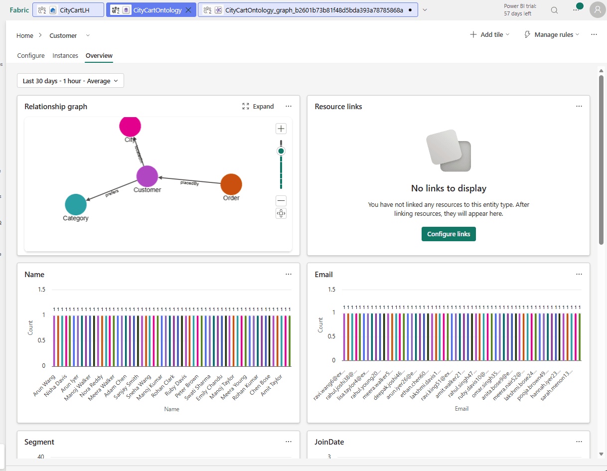 The Customer entity type Overview tab with a Relationship graph card and per-property charts