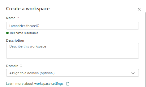 The Create a workspace dialog with the name LamnaHealthcareIQ entered and a green name is available confirmation below it