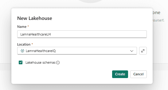 The New Lakehouse dialog with the name LamnaHealthcareLH, Location set to LamnaHealthcareIQ, and the Lakehouse schemas checkbox ticked