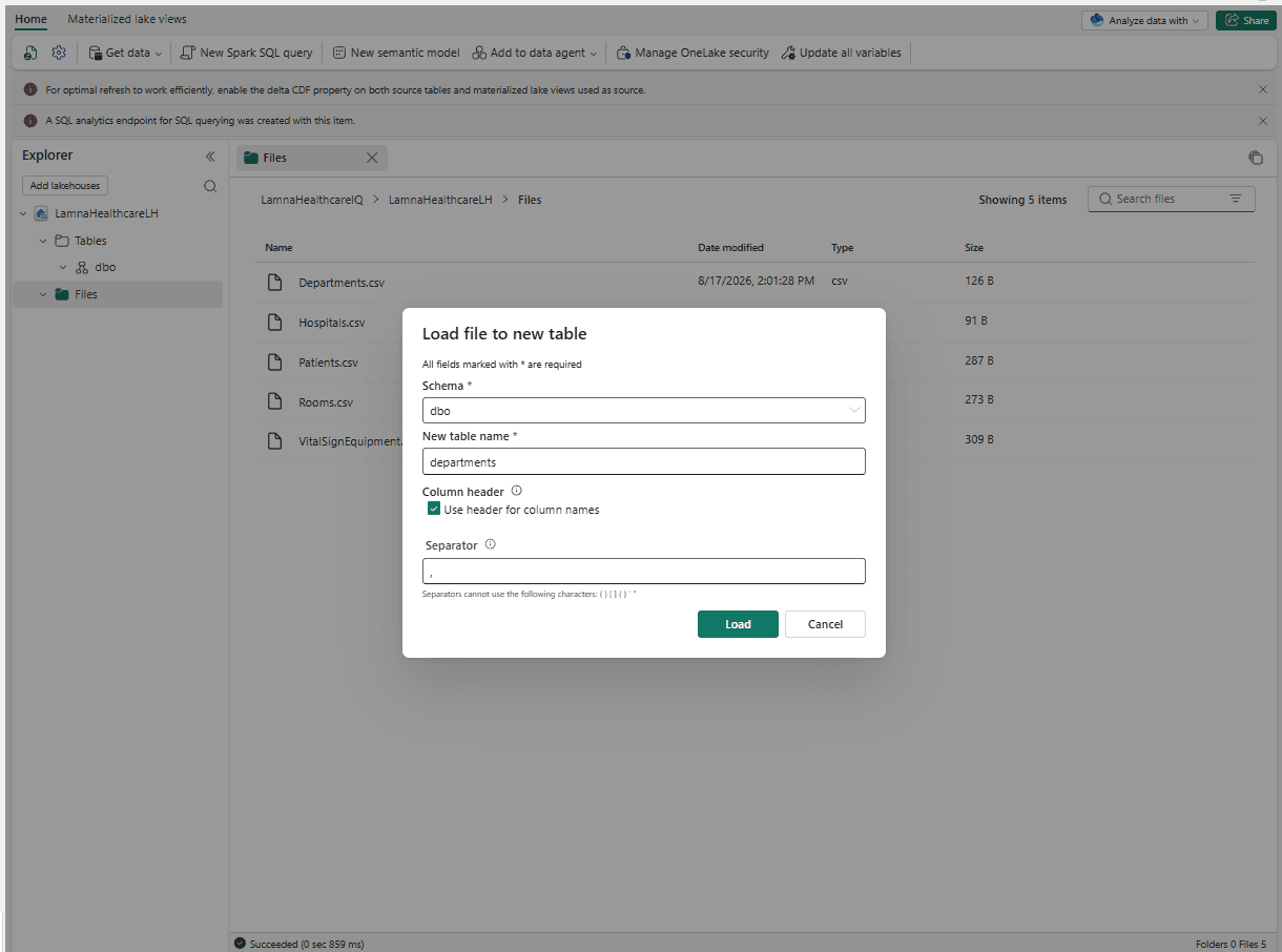The Load file to new table dialog over the lakehouse Files list, with Schema dbo, table name departments, Use header for column names checked, and a comma separator