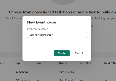 The New Eventhouse dialog with the name LamnaHealthcareEH entered