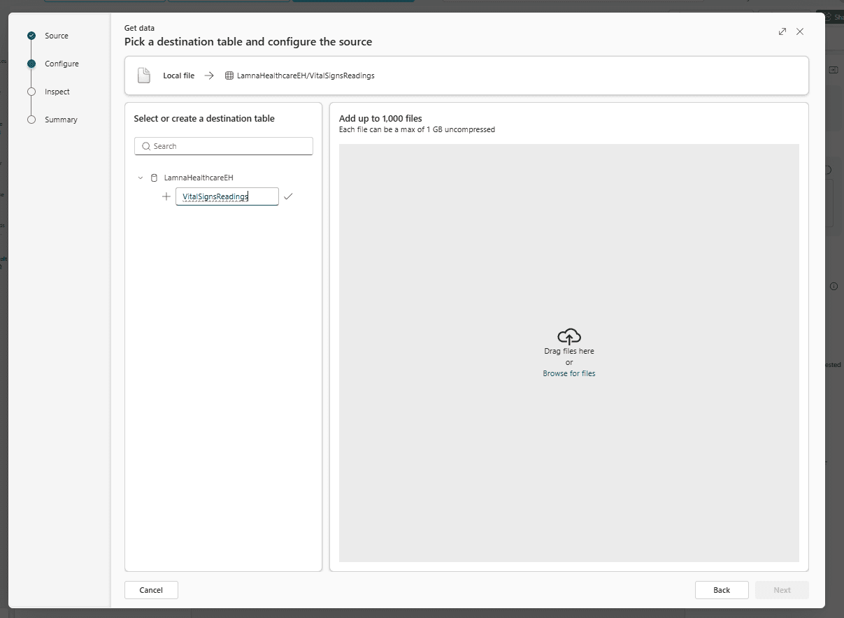 The Get data wizard on the Configure stage, with a new destination table named VitalSignsReadings being created inline and an empty file drop zone beside it