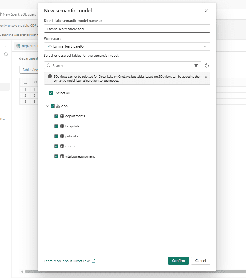 The New semantic model dialog with the name LamnaHealthcareModel, Workspace LamnaHealthcareIQ, and Select all ticked so all five dbo tables are checked