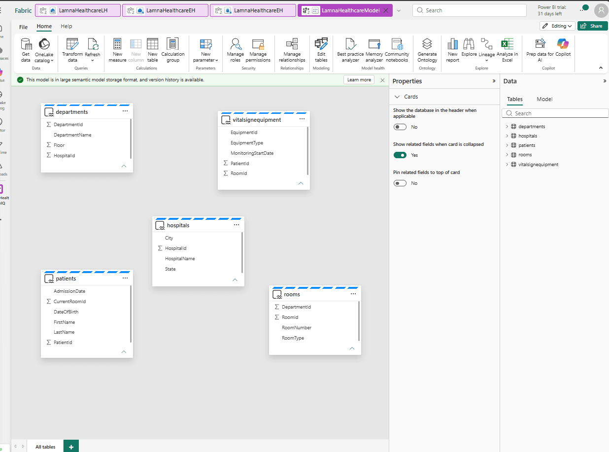The semantic model designer showing five table cards with their columns and no relationship lines between them, and a Generate Ontology button in the ribbon