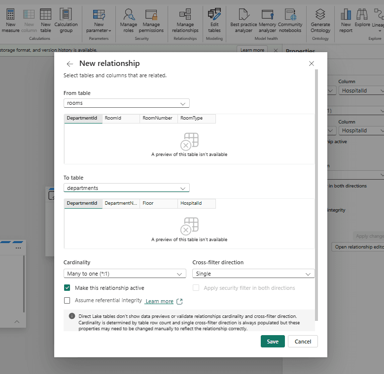 The New relationship dialog creating rooms to departments, with Cardinality Many to one and Cross-filter direction defaulted to Single, and a note that Direct Lake tables don't show previews
