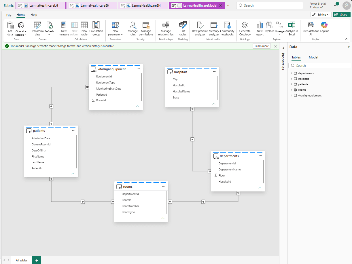 The model designer with four relationship lines drawn, connecting vitalsignequipment to patients, patients to rooms, rooms to departments and departments to hospitals