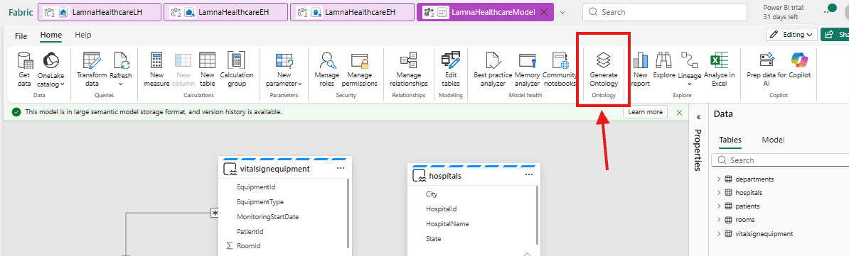 The semantic model ribbon with the Generate Ontology button highlighted in its own Ontology group, between Model health and Explore