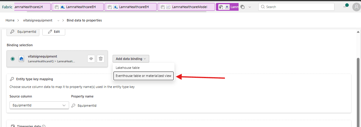 The Add data binding menu open on the vitalsignequipment entity type, offering Lakehouse table and Eventhouse table or materialized view